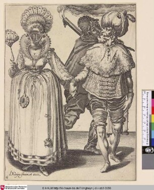 [Maskiertes Paar und Fackelträger; A Man with a Turban Leading a Woman who's Wearing Peacock Feathers, behind them a Torchbearer]