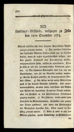 XCI. Landtags-Abschied, vollzogen zu Zelle den 18ten December 1673.