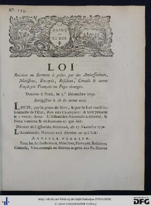 Loi Relative au Serment à prêter par les Ambassadeurs, Ministres, Envoyés, Résidens, Consuls & autres Employés François en Pays étranger.