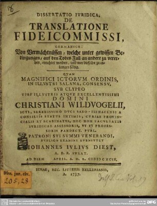 Dissertatio Iuridica, De Translatione Fideicommissi ...