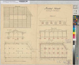 Erweiterung des Güterschuppens auf Bahnhof Detmold: Grundrisse, Ansichten, Schnitt, Sparrenlage, M. 1:100