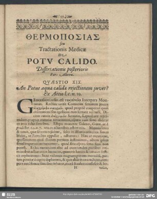 De Potu Calido. Dissertationis posterioris