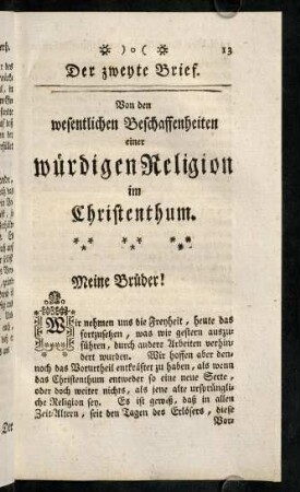 13-23, Der zweyte Brief. Von den wesentlichen Beschaffenheiten einer wuerdigen Religion im Christenthum.