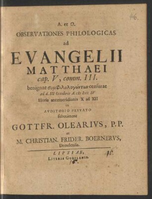 Observationes Philologicas ad Evangelii Matthaei cap. V, comm. III. : benignae ... censurae ad d. III. Octobris A. M DCC IV ...