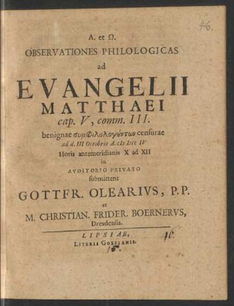 Observationes Philologicas ad Evangelii Matthaei cap. V, comm. III. : benignae ... censurae ad d. III. Octobris A. M DCC IV ...