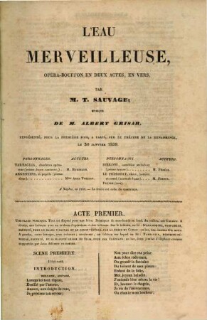 L' eau merveilleuse : opéra-bouffon en deux actes, en vers