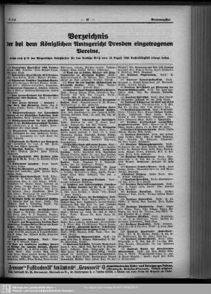 Vereinsregister : Verzeichnis der bei dem Königlichen Amtsgericht Dresden eingetragenen Vereine