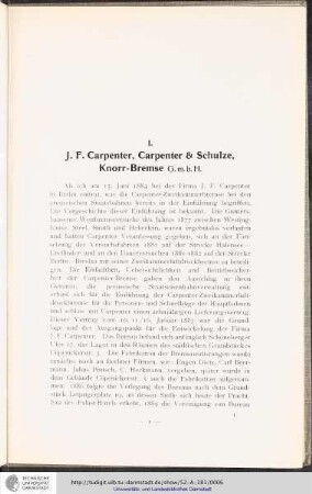I. Die J.F. Carpenter, Carpenter & Schulze, Knorr-Bremse G.m.b.H.