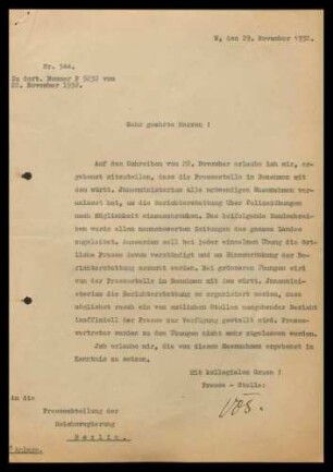 Presseabteilung der Reichsregierung: Allgemeines - Schriftverkehr