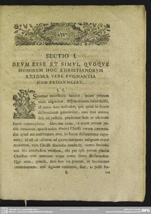 Sectio I. Deum Esse Et Simul Quoque Hominem Hoc Christianorum Axiōma Vere Pugnantia Non Pronunciat