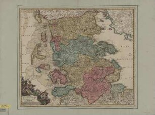 Karte von Schleswig, ca. 1:310 000, Kupferstich, nach 1715 : Ducatûs Slesvicensis in omnes eiusdem Generales et Particulares Praefecturas exactè divisi Nova Tabula / edita à Ioh. Baptista Homanno. - [Ca. 1:310 000]. - Norimbergae , [nach 1715]. - 1 Kt. : kolor. Kupferst. ; 55 x 47 cm