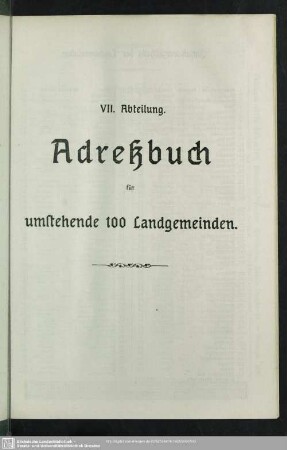 VII. Abteilung. Adreßbuch für umstehende 100 Landgemeinden
