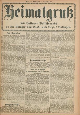 7.1916: Heimatgruß des Balinger Volksfreunds an die Krieger von Stadt und Bezirk Balingen