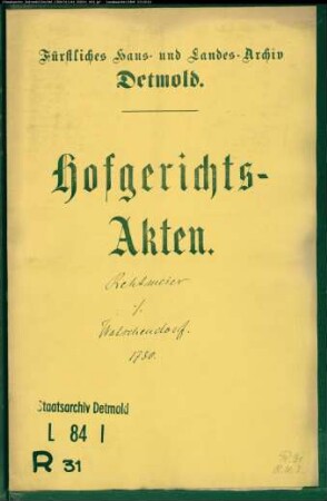 Rehtmeyer, Simon in Lemgo gegen Joh. Christoph Wolschendorf in Lemgo - Schuldforderung