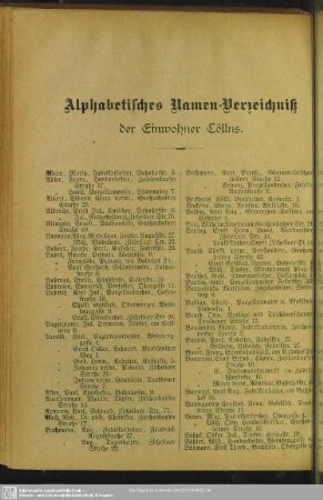 Einwohnerverzeichnis : Alphabetisches Namen-Verzeichnis der Einwohner Cöllns