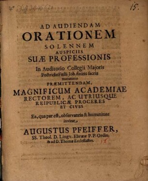 Ad Audiendam Orationem solennem ... invitat Augustus Pfeffer : [de libro Esterae]