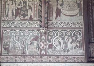 Martyrien der Heiligen Katharina, Margarethe, Agnes und Dorothea, Krönung des Märtyrers Theophilus; oben: Ankündigung der Sintflut und Arche Noah