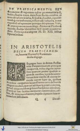 In Aristotelis Decem Praedicamenta Ioannis Muermellij Ruræmundensis isagoge