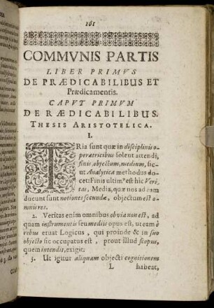 Communis Partis Liber Primus De Prædicabilibus Et Prædicamentis.