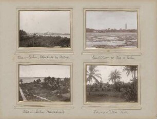 links oben: Südwestecke des Hafens von Dar-es-Salâm rechts oben: Leuchtturm vor Dar-es-Salâm links unten: Meeresstrand von Dar-es-Salâm rechts unten: Park in Dar-es-Salâm