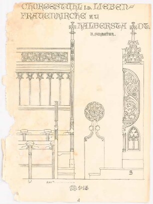 Skizzenheft SS 1902: Chorgestühl in der Liebfrauenkirche, Halberstadt: Ansicht, Details 1:15