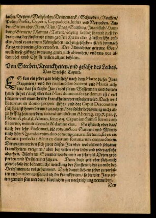 Vom Sterben/ Kranckheiten/ und gefahr des Leibes. Das Sechste Capitel.