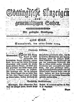 43tes Stück. Sonnabend, den 29ten October 1774.