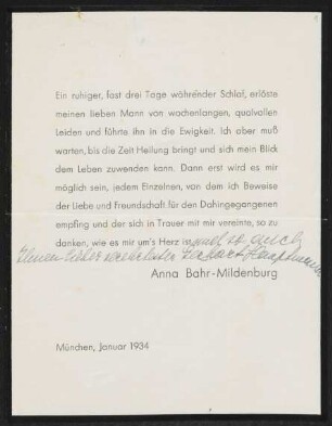 Brief von Anna Bahr-Mildenburg an Gerhart Hauptmann