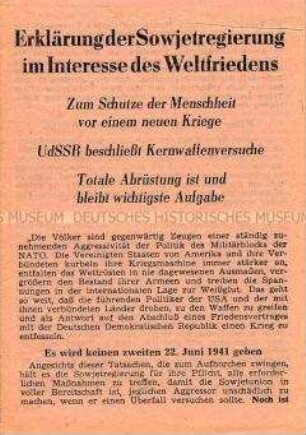 Erklärung der Regierung der UdSSR zu Fragen der Fragen der Abrüstung und der nationalen Sicherheit