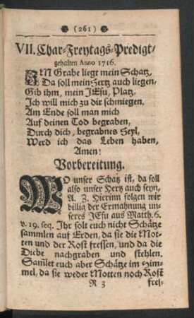 VII. Char-Freytags-Predigt, gehalten Anno 1716.