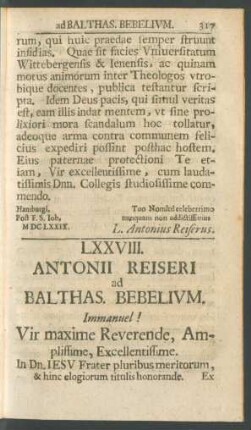 LXXVIII. Antoni Reiseri ad Balthas. Bebelium