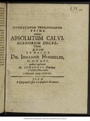 Disputationum Theologicarum Prima contra Absolutum Calvinianorum Decretum