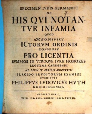 Specimen Ivris Germanici De His Qvi Notantvr Infamia