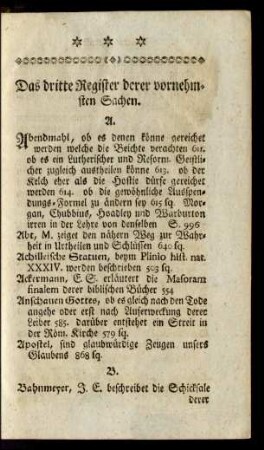 Das dritte Register derer vornehmsten Sachen