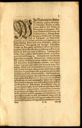 Wir Rudolph der Ander von Gottes gnaden Erwehlter Römischer Keyser zu allen zeitten mehrer deß Reichs in Germanien ...