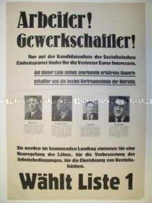 Maueranschlag mit Wahlwerbung der SED für die Landtagswahlen in Mecklenburg-Vorpommern 1946, gerichtet an Arbeiter; mit vier Portraits