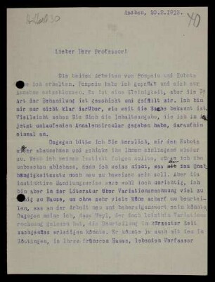 Nr. 40: Brief von Otto Blumenthal an David Hilbert, Aachen, 20.2.1913