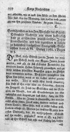 Sendschreiben an den Hrn. Verfasser der Schrift: Erfreuliche Nachricht von einem hoffentlich bald zu errichtenden protestantischen Inquisitions-Gerichte.