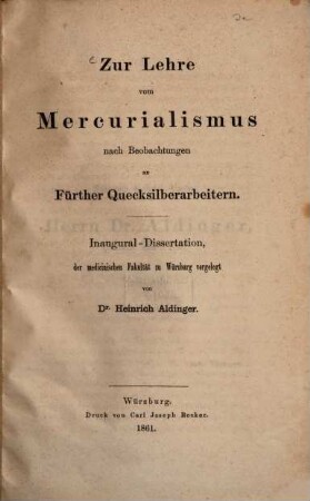 Zur Lehre vom Mercurialismus : nach Beobachtungen an Fürther Quecksilberarbeitern