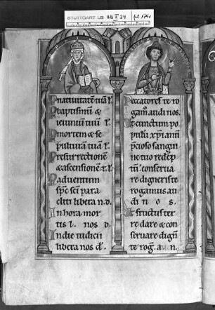 Psalterium (sogenannter Landgrafenpsalter) — Litaneiseite, unter den Bögen das Landgrafenpaar von Thüringen, Folio 174verso