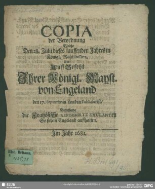 Copia der Verordnung ... betreffende die Fratzösische Reformirte Exulanten so sich in Engeland auffhalten