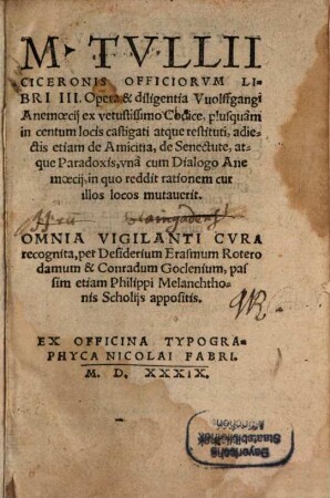 M. Tvllii Ciceronis Officiorvm Libri III.