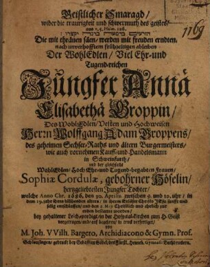 Geistlicher Smaragd wider die Traurigkeit ... aus d. 5. ps. 126 ... nach unverhofften ableiben Annae Elisabethae Groppin ... : Unacum epicediis varior.
