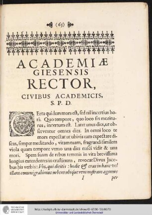 ACADEMIAE GIESENSIS RECTOR, CIVIBUS ACADEMICIS, S.P.D.
