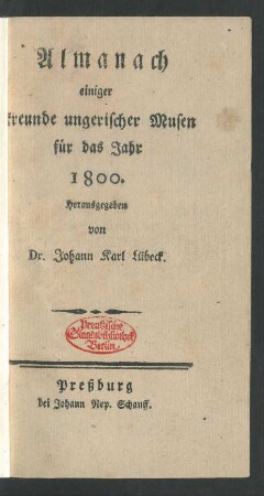 1800: Almanach einiger Freunde ungerischer Musen