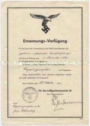 Ernennungsurkunde zum "Regierungsinspektor auf Kriegsdauer" - Personenkonvolut