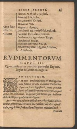 Rudimentorum Caput III. Quo continentur quaedam generales Etymologiae & Syntaxeos regulae.