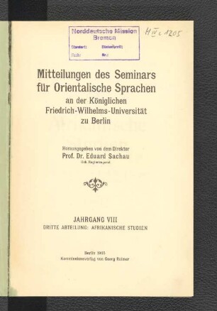 8.1905: Mitteilungen des Seminars für Orientalische Sprachen an der Friedrich Wilhelms-Universität zu Berlin