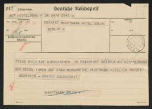 Brief von Rudolf K. Goldschmit-Jentner an Gerhart Hauptmann