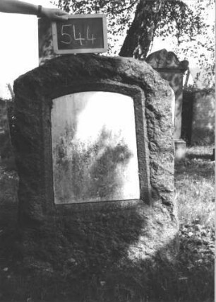 Grabstein 544 (Index: 100111531) Material: Kalkstein, weiße Marmorplatte Zustand: gut, Schriftplatte ohne Inschrift Maße HxBxT: 105x75x41 cm Beschreibung: Stele, Segmentbogenabschluß, Schriftplatte: Grabstein 544